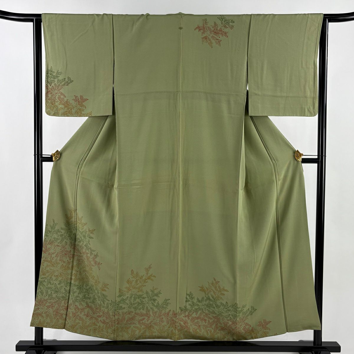 【美品】訪問服 身長154.5cm 袖長65cm M 雙層 草花紋紋 よもぎ色 純蠶絲 秀品級 一つ紋