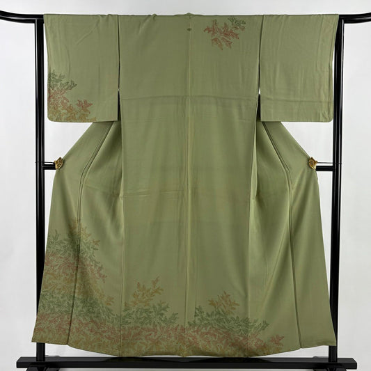 【美品】訪問服 身長154.5cm 袖長65cm M 雙層 草花紋紋 よもぎ色 純蠶絲 秀品級 一つ紋
