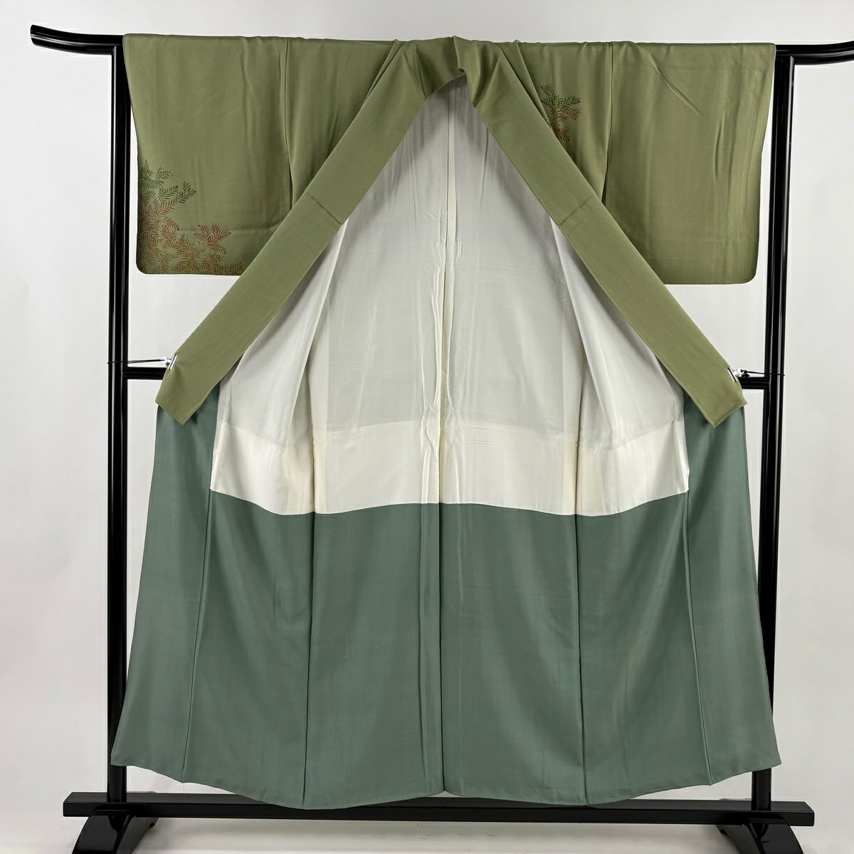 【美品】訪問服 身長154.5cm 袖長65cm M 雙層 草花紋紋 よもぎ色 純蠶絲 秀品級 一つ紋