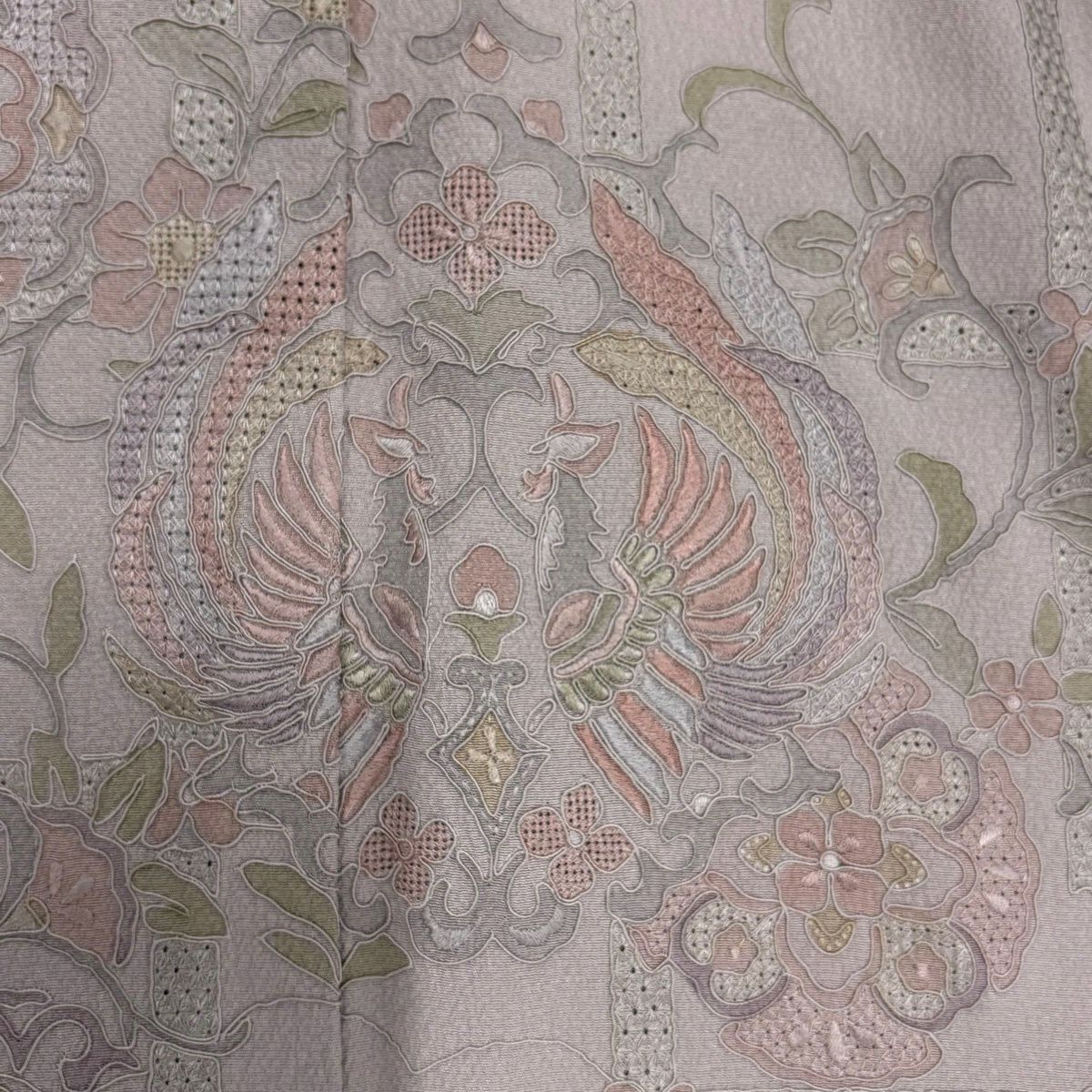 【美品】 付下 身長164cm 袖長64cm M 雙層 向鳥 華紋 刺繡 淺紫 純蠶絲 秀品級 一個紋