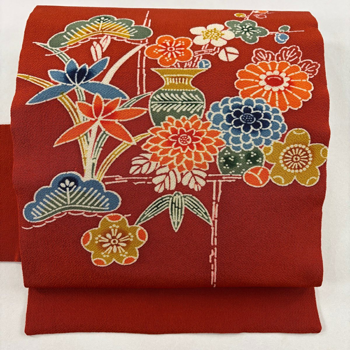 【美品】名古屋帶 秀品級 松樹竹子梅花 菊花 絞織 紅茶 純蠶絲