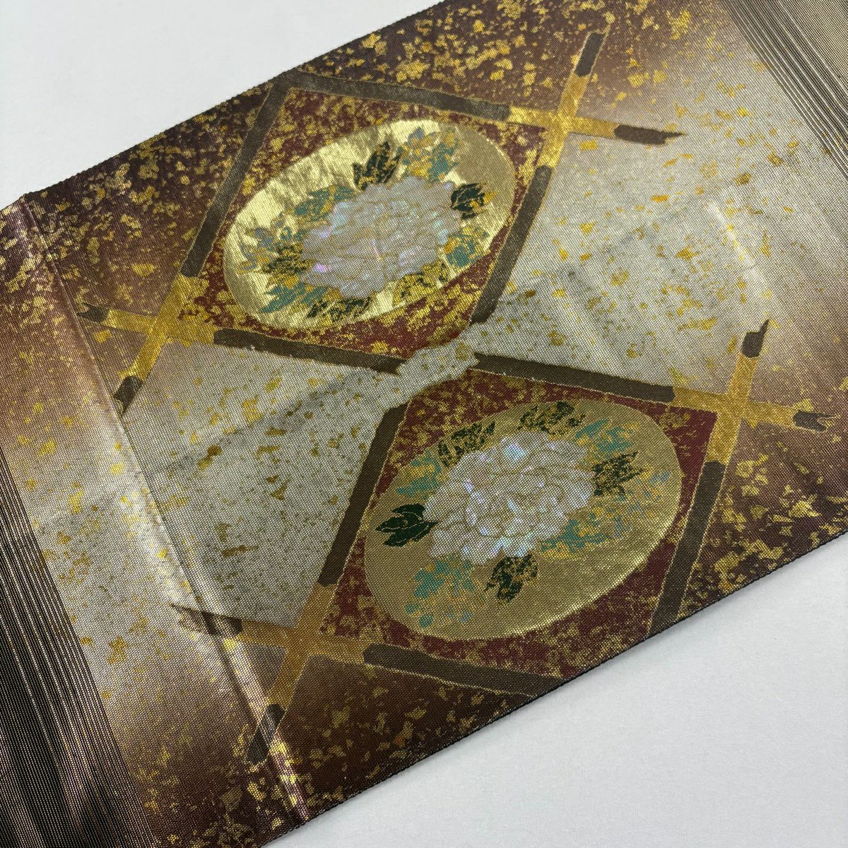 袋帶 秀品級 斜格子 草花紋紋 金金箔 焦茶 純蠶絲