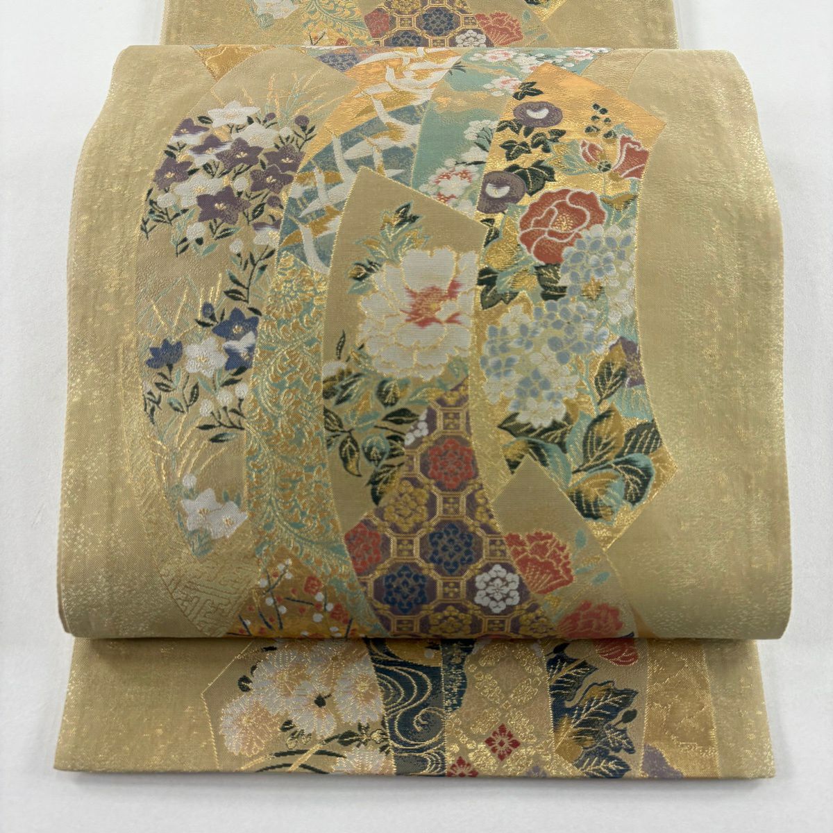 【美品】 袋帶 秀品級 草花紋紋 蜀江文 金金箔 抹茶 深藍 六通 純蠶絲