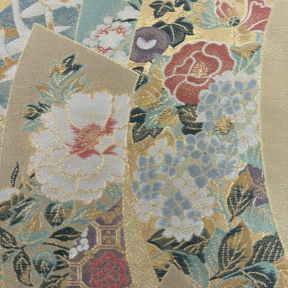 【美品】 袋帶 秀品級 草花紋紋 蜀江文 金金箔 抹茶 深藍 六通 純蠶絲