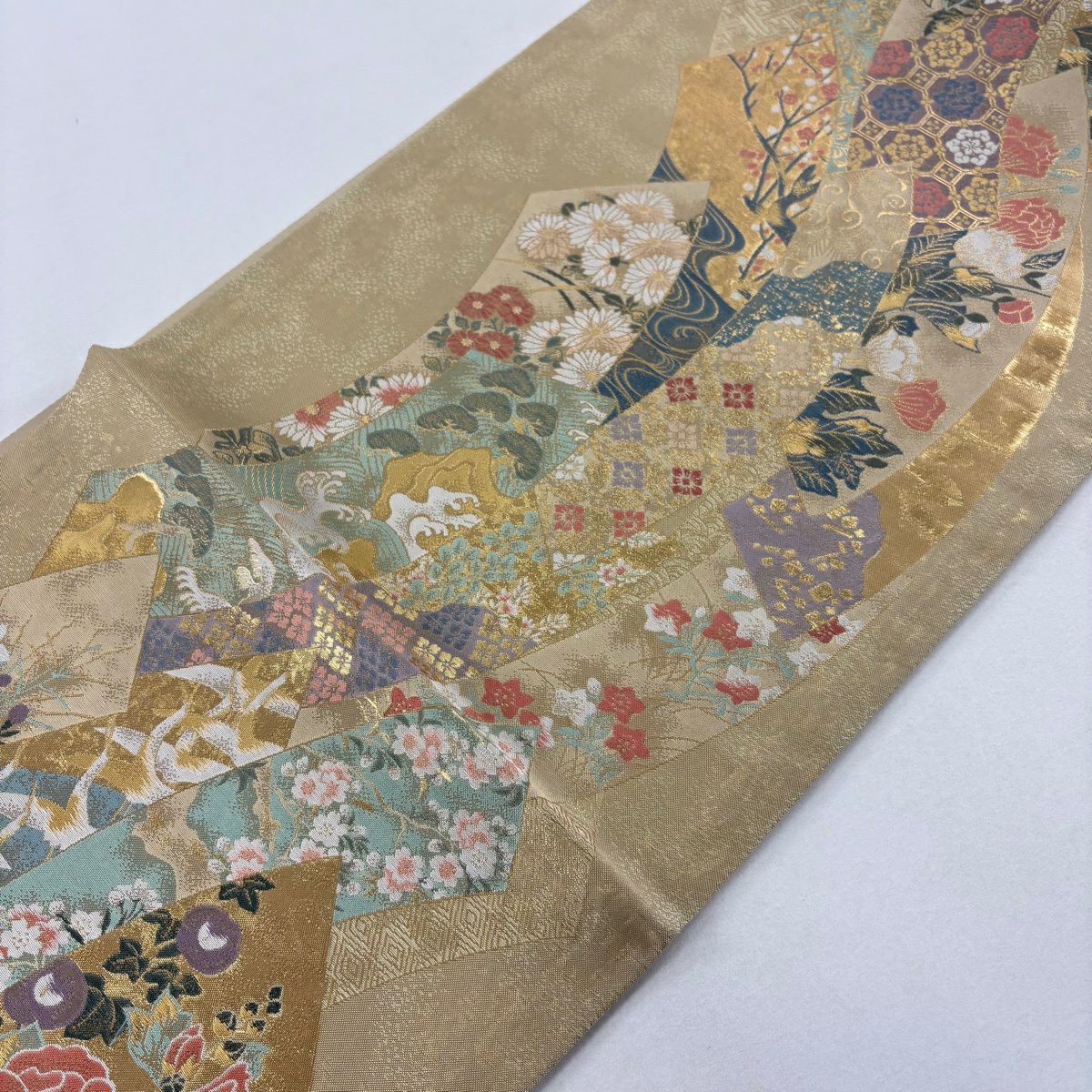 【美品】 袋帶 秀品級 草花紋紋 蜀江文 金金箔 抹茶 深藍 六通 純蠶絲