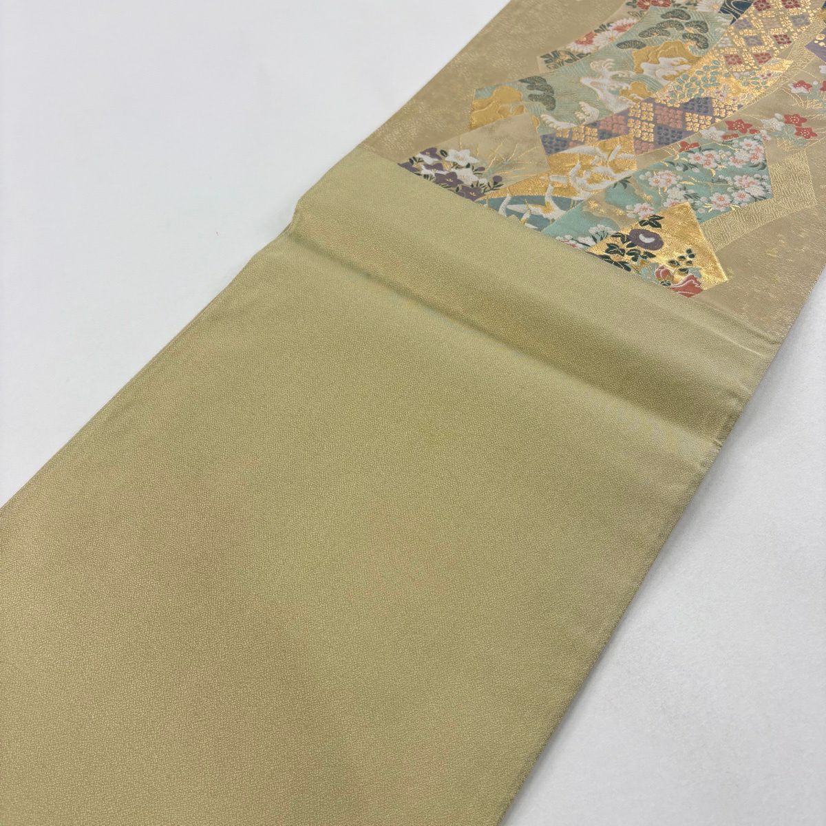 【美品】 袋帶 秀品級 草花紋紋 蜀江文 金金箔 抹茶 深藍 六通 純蠶絲