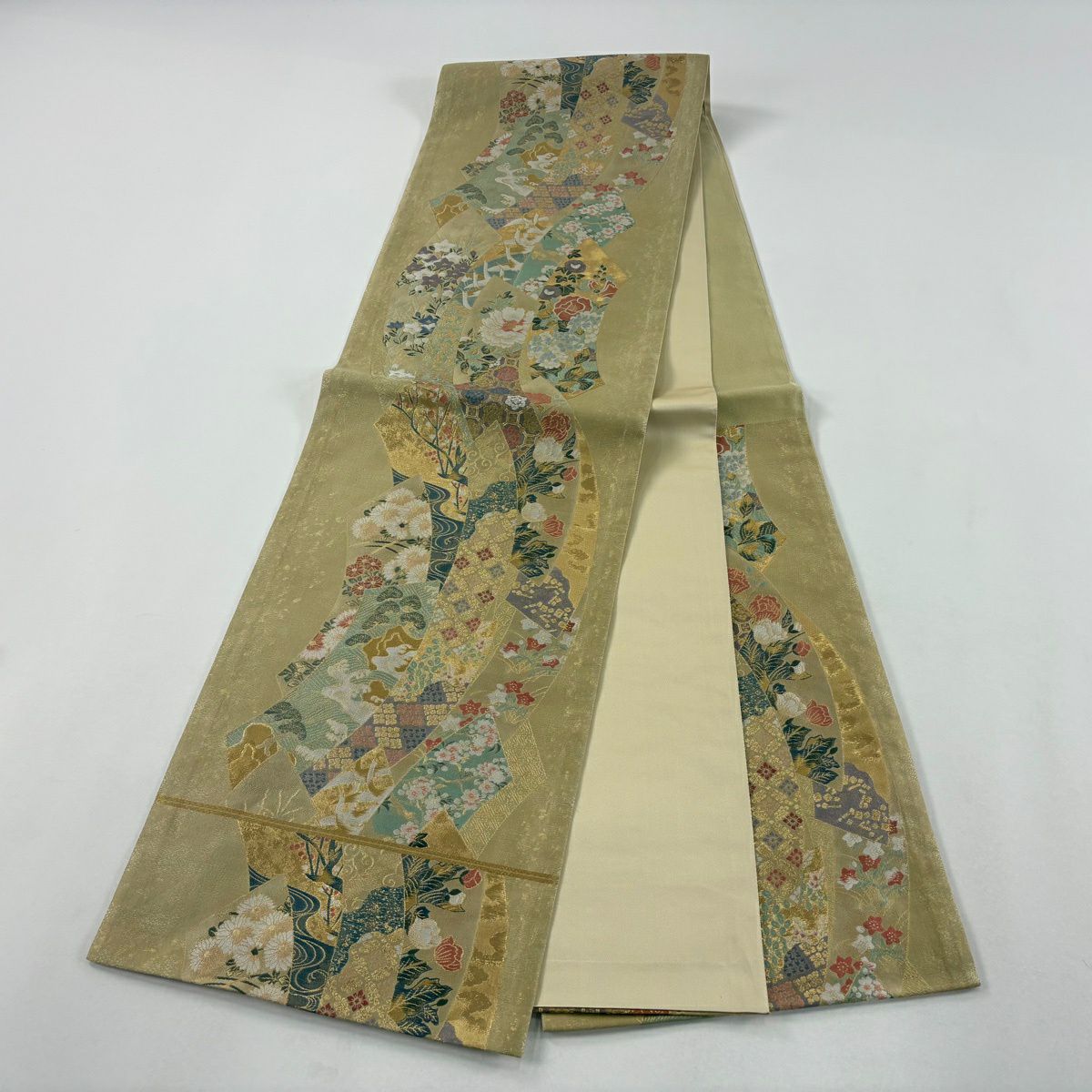 【美品】 袋帶 秀品級 草花紋紋 蜀江文 金金箔 抹茶 深藍 六通 純蠶絲