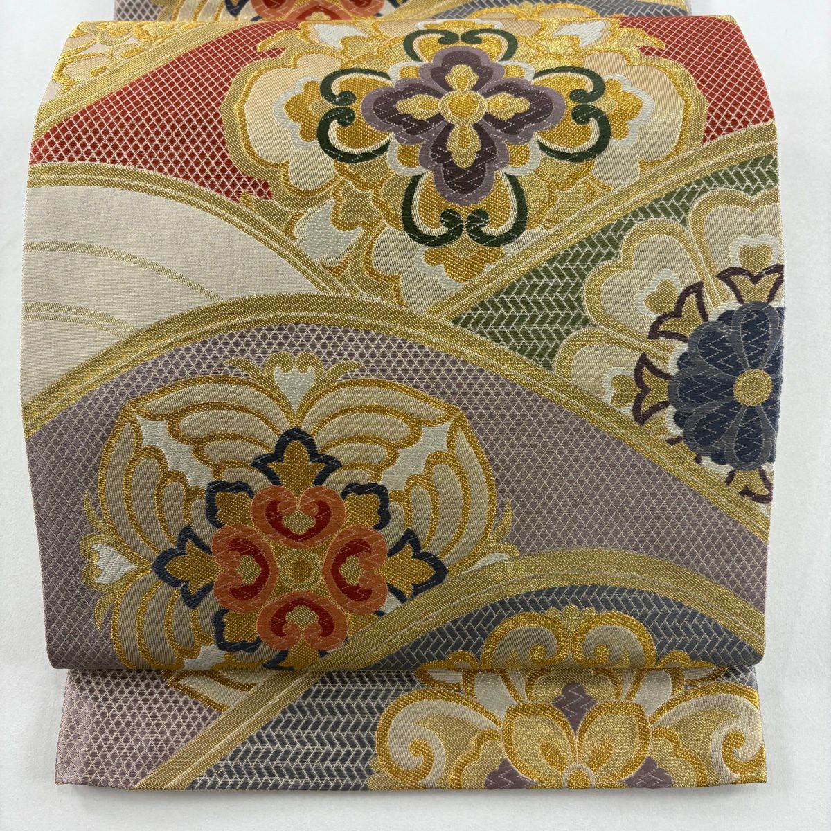 【美品】 袋帶 秀品級 波青海華紋 金絲 金金箔 金色 六通 純蠶絲