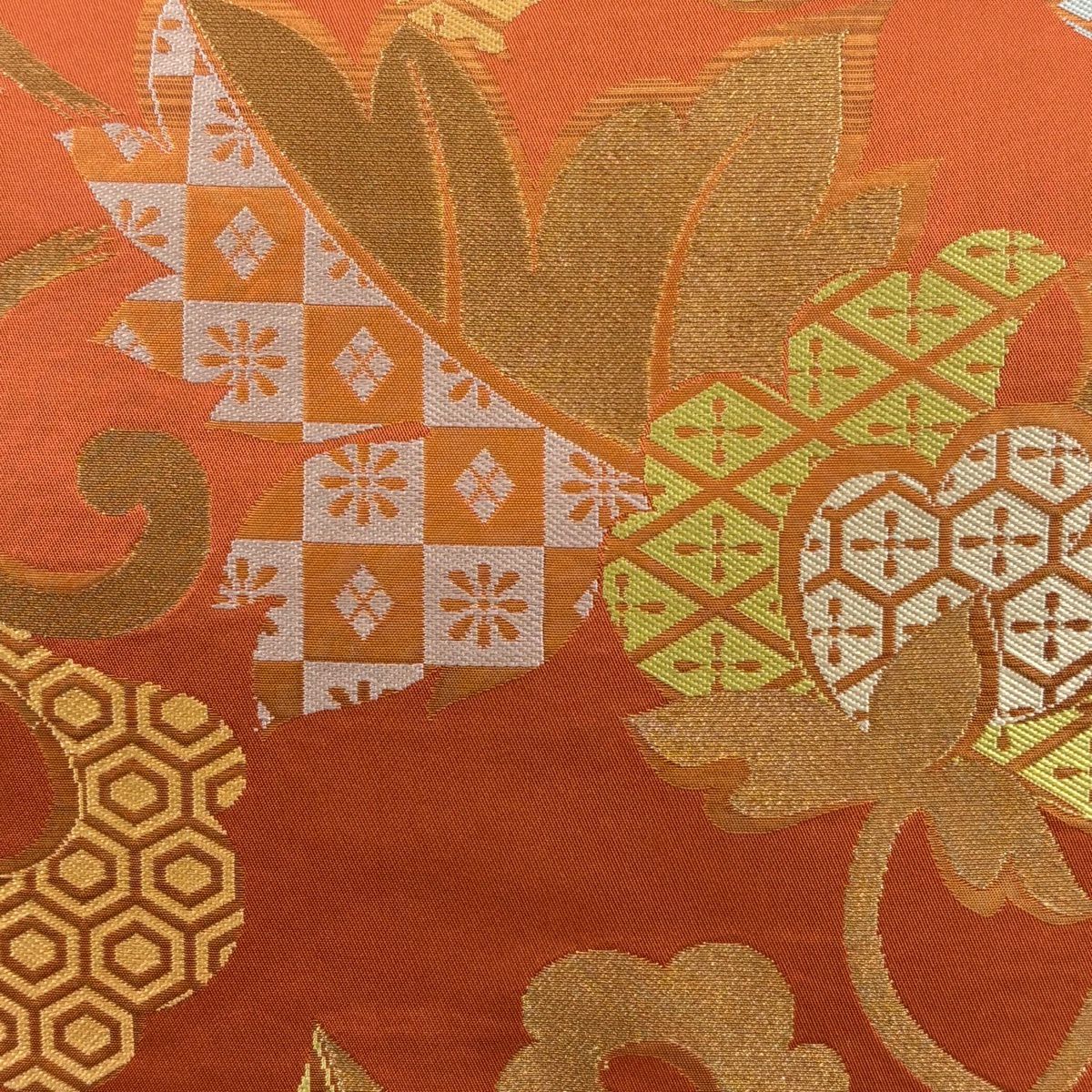 【美品】 袋帶 秀品級 川島織物 落款 花唐草紋 龜甲 金絲 金金箔 橙色 六通 純蠶絲