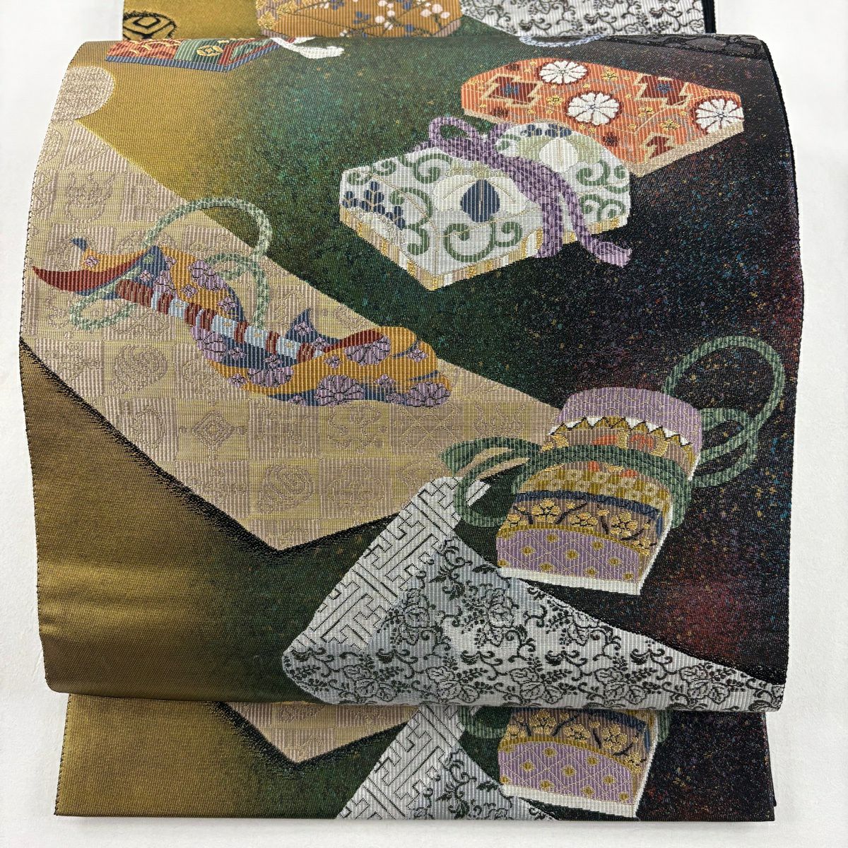 【美品】 袋帶 秀品級 文箱 笛 金絲 金金箔 綠 六通 純蠶絲