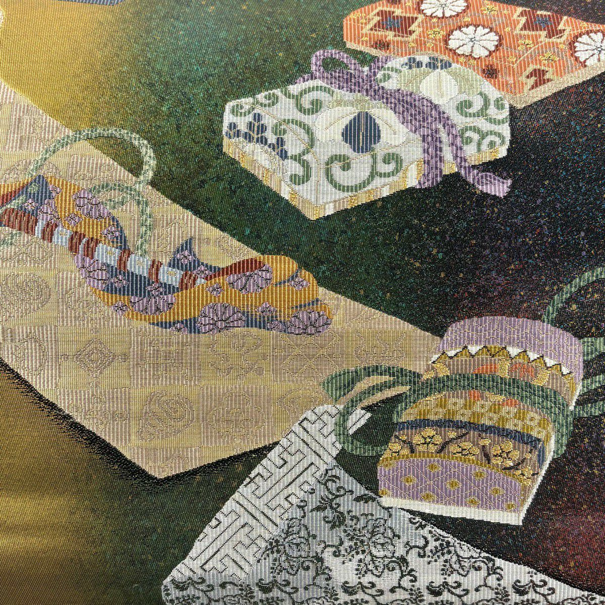 【美品】 袋帶 秀品級 文箱 笛 金絲 金金箔 綠 六通 純蠶絲