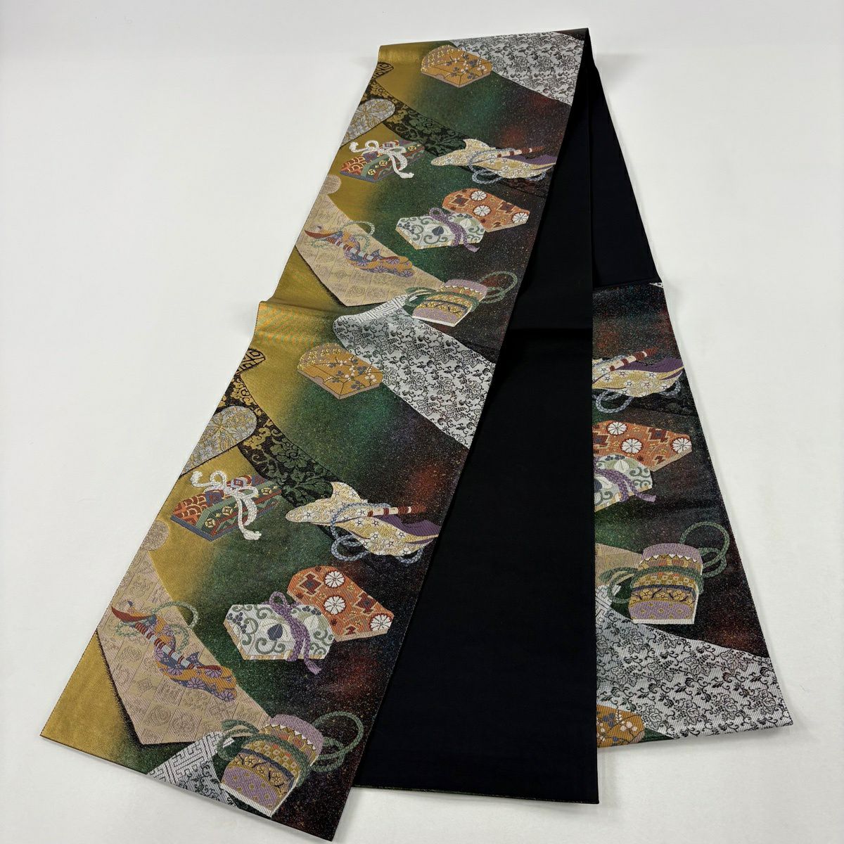【美品】 袋帶 秀品級 文箱 笛 金絲 金金箔 綠 六通 純蠶絲