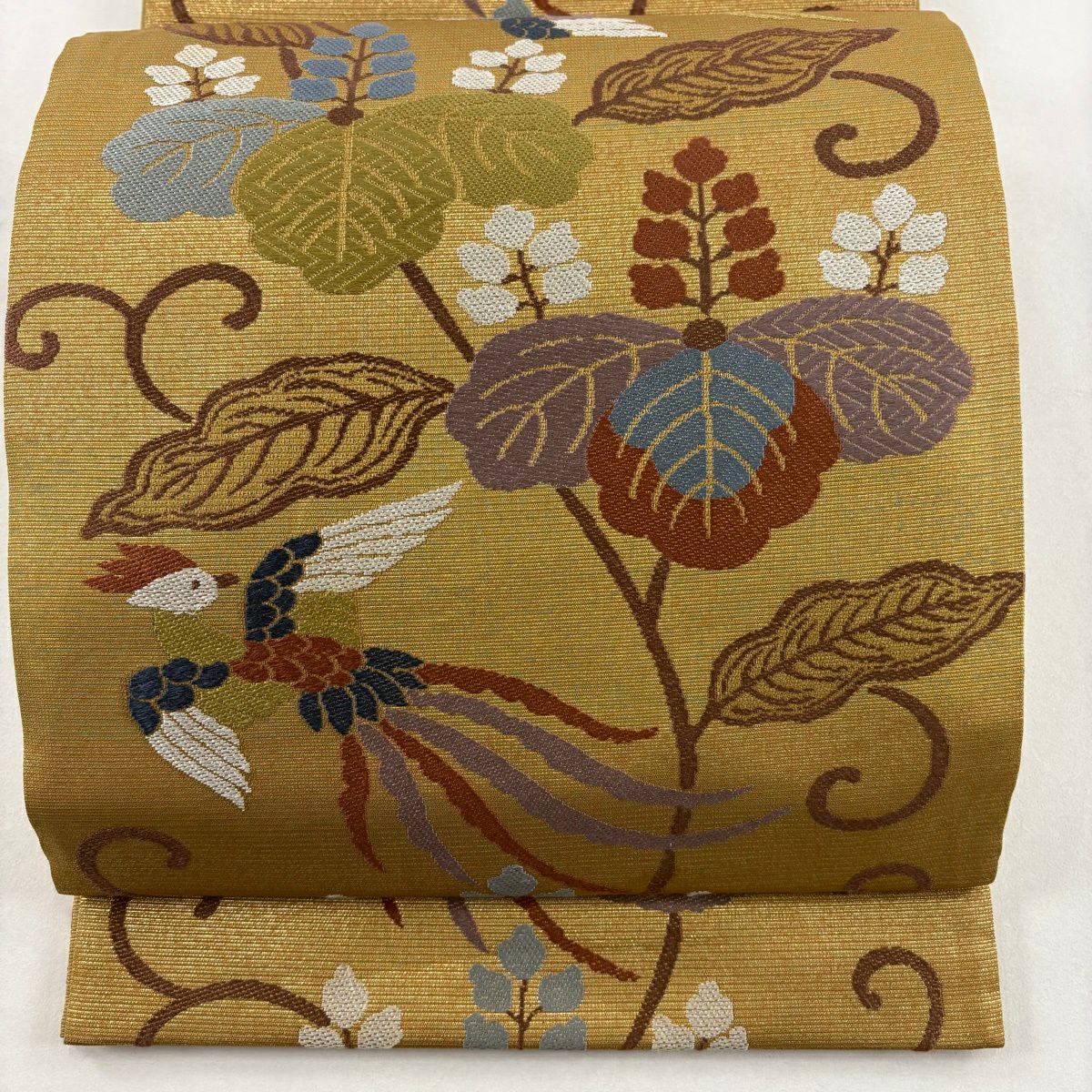 【美品】 袋帶 秀品級 鳥 桐 金絲 金金箔 山吹茶 六通 純蠶絲