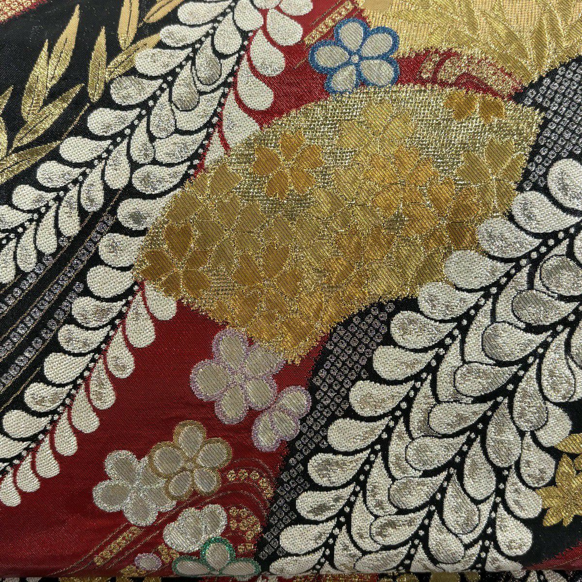 【美品】 袋帶 秀品級 振袖禮服禮服用 扇子面 藤 金銀彩 金金箔 紅 六通 純蠶絲