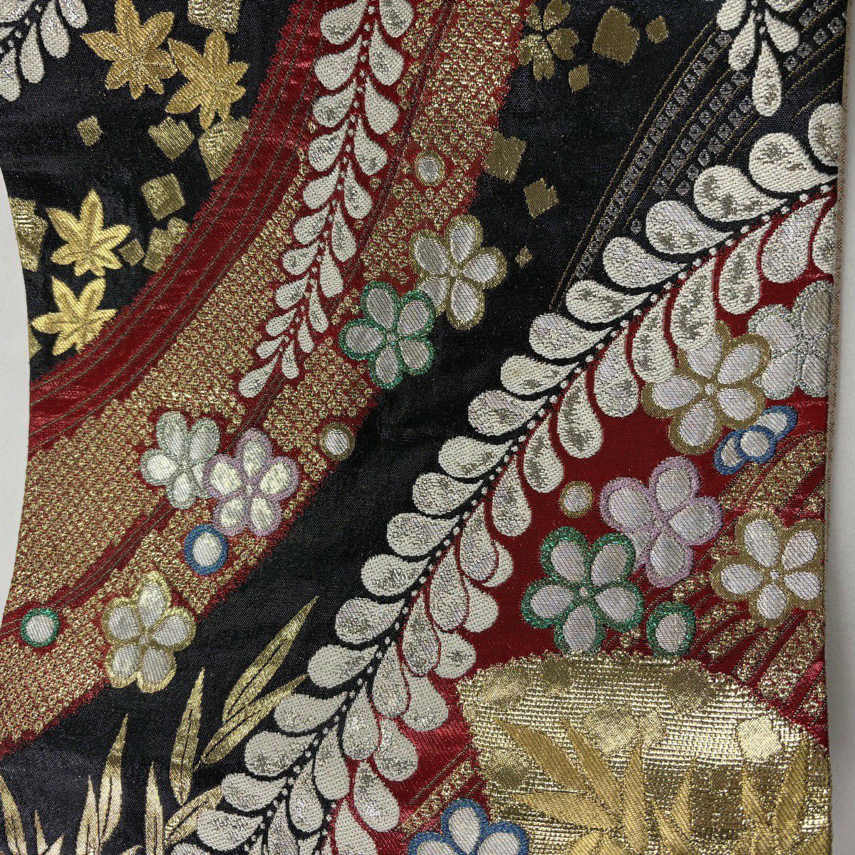 【美品】 袋帶 秀品級 振袖禮服禮服用 扇子面 藤 金銀彩 金金箔 紅 六通 純蠶絲
