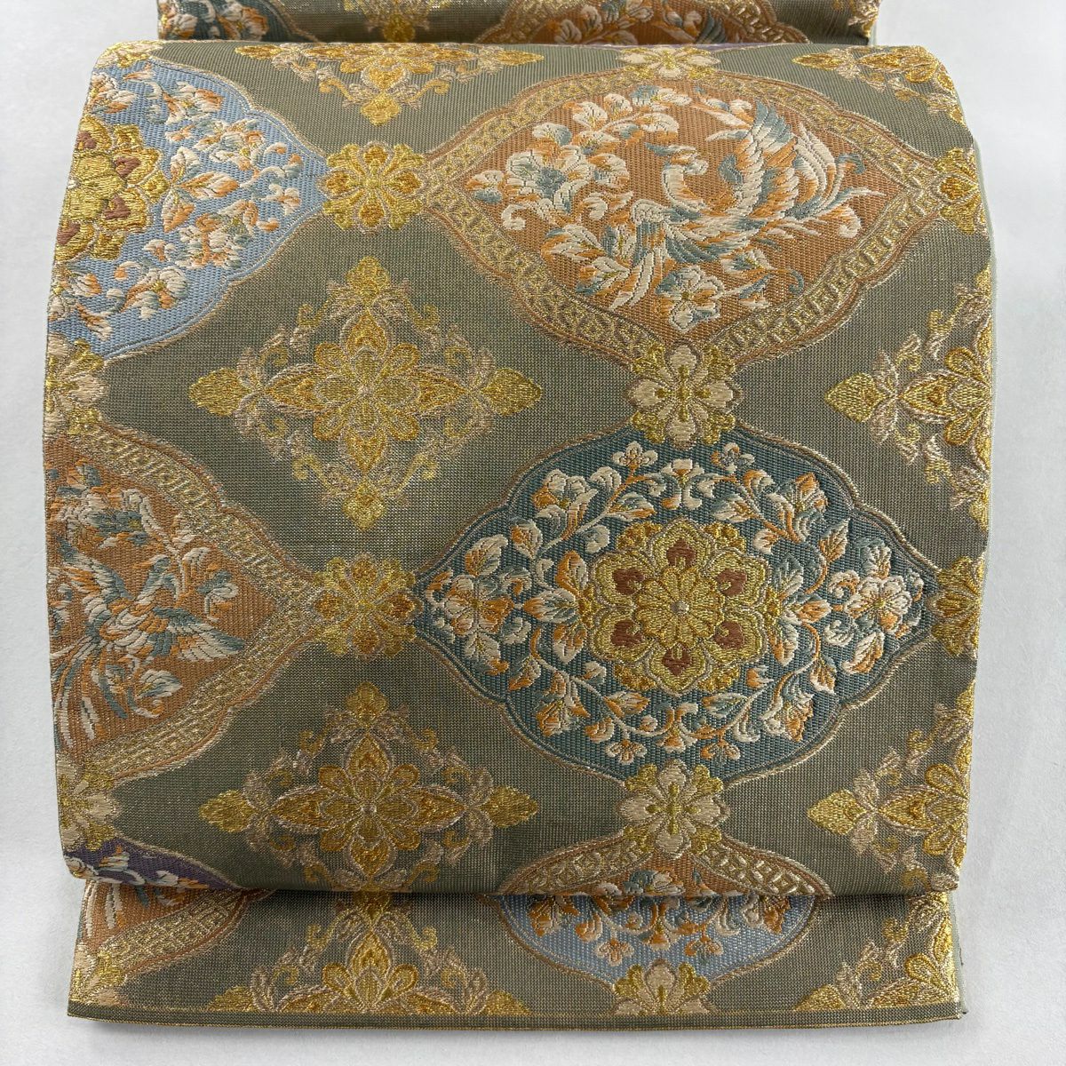 【美品】 袋帶 秀品級 華紋 鳥 金糸 金金箔 灰綠 六通 純蠶絲