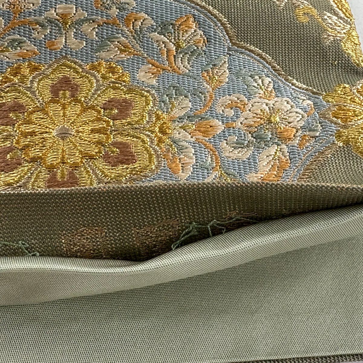 【美品】 袋帶 秀品級 華紋 鳥 金糸 金金箔 灰綠 六通 純蠶絲