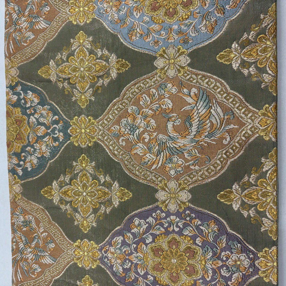 【美品】 袋帶 秀品級 華紋 鳥 金糸 金金箔 灰綠 六通 純蠶絲
