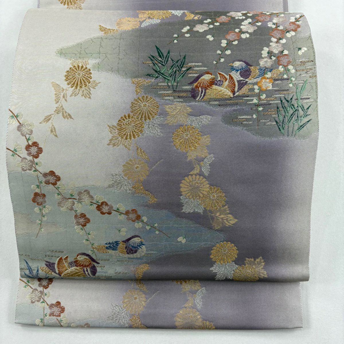 袋帶 秀品級 鴛鴦 梅花 金銀彩 金金箔 淺紫 六通 純蠶絲