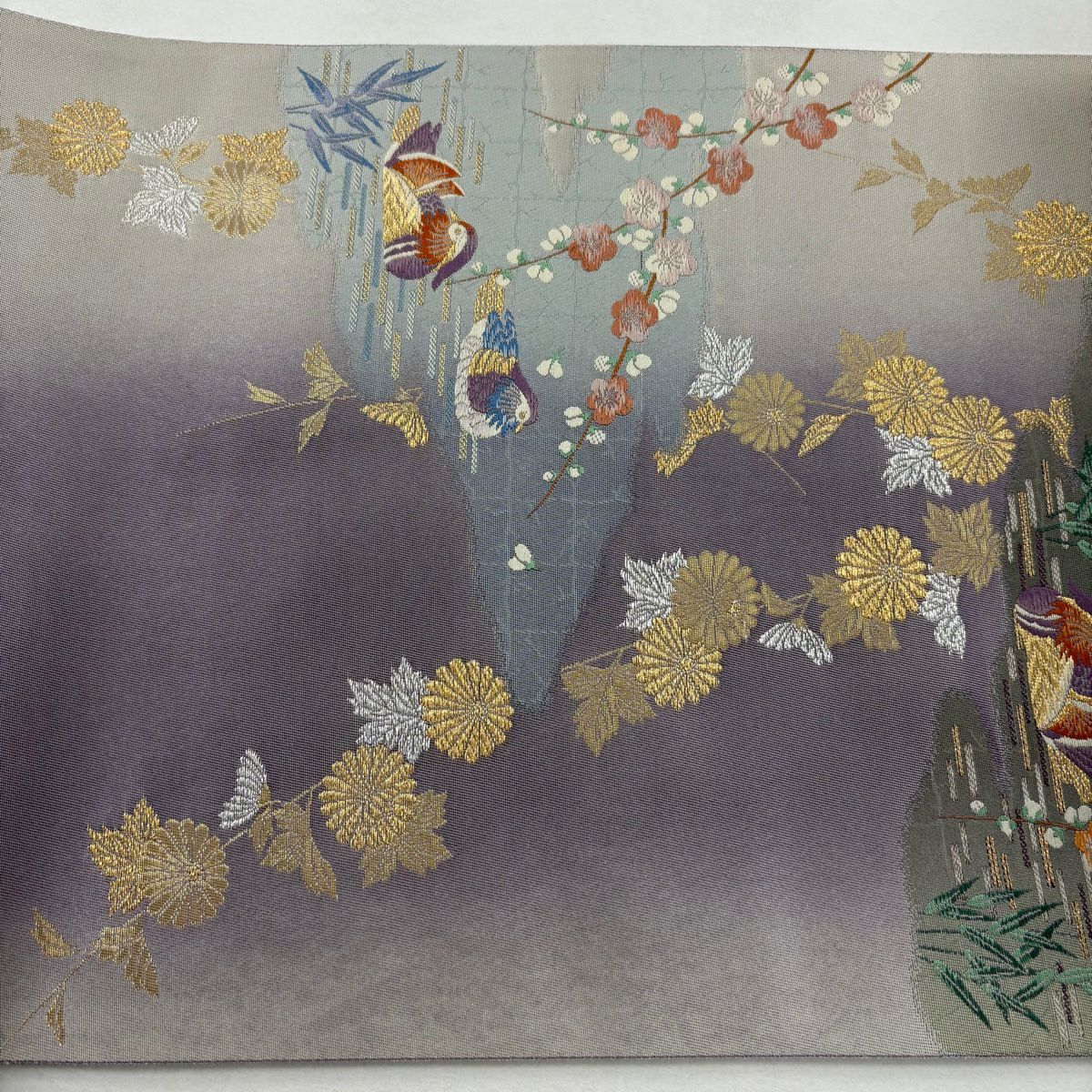 袋帶 秀品級 鴛鴦 梅花 金銀彩 金金箔 淺紫 六通 純蠶絲