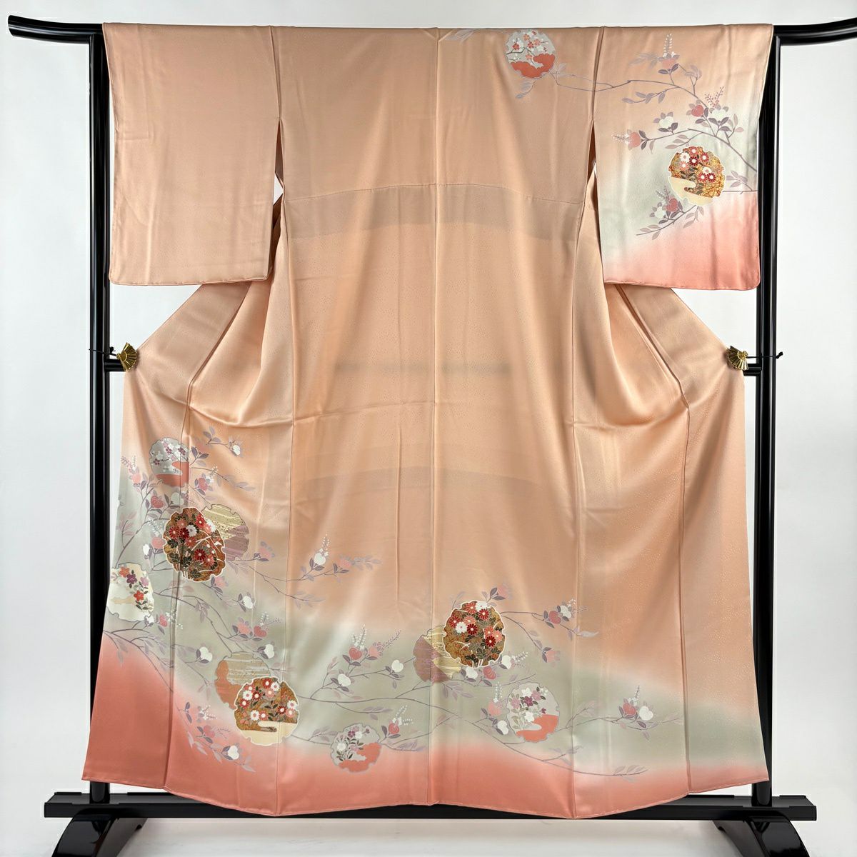 訪問服 身長158.5cm 袖長64cm M 雙層 雪輪 草花紋紋 金彩裝飾 刺繡 鮭粉色 純蠶絲 秀品級