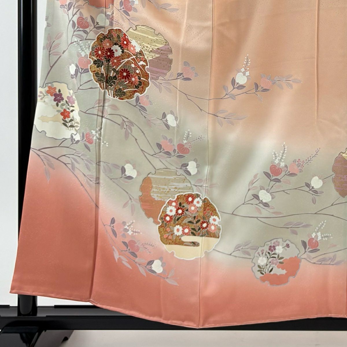 訪問服 身長158.5cm 袖長64cm M 雙層 雪輪 草花紋紋 金彩裝飾 刺繡 鮭粉色 純蠶絲 秀品級