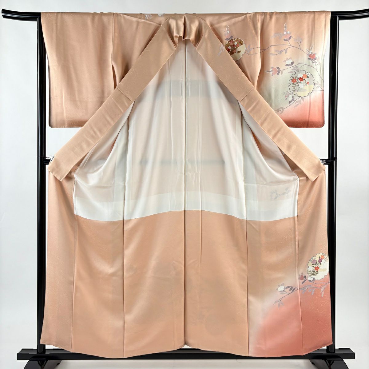 訪問服 身長158.5cm 袖長64cm M 雙層 雪輪 草花紋紋 金彩裝飾 刺繡 鮭粉色 純蠶絲 秀品級