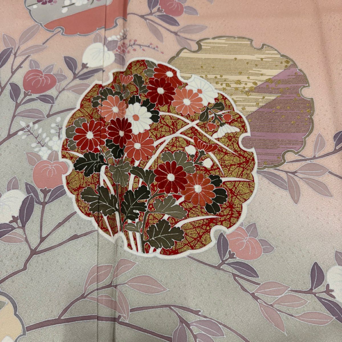 訪問服 身長158.5cm 袖長64cm M 雙層 雪輪 草花紋紋 金彩裝飾 刺繡 鮭粉色 純蠶絲 秀品級