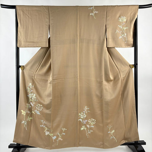 訪問服 身長159cm 袖長66cm M 雙層 草花紋紋 金銀彩 茶 純蠶絲 秀品級 一つ紋