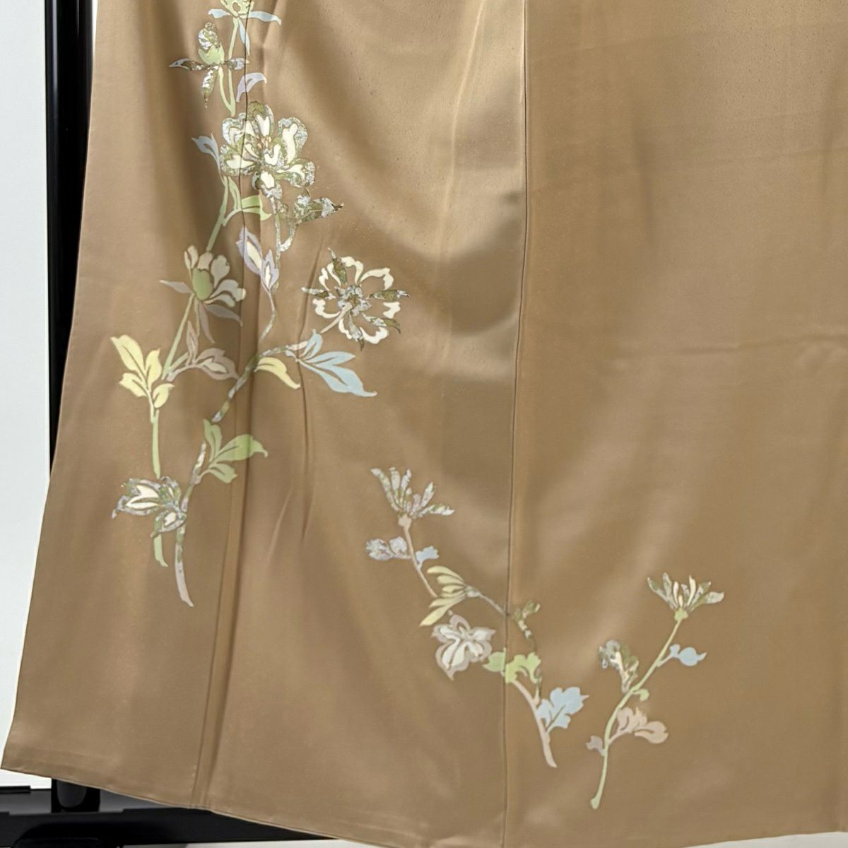 訪問服 身長159cm 袖長66cm M 雙層 草花紋紋 金銀彩 茶 純蠶絲 秀品級 一つ紋