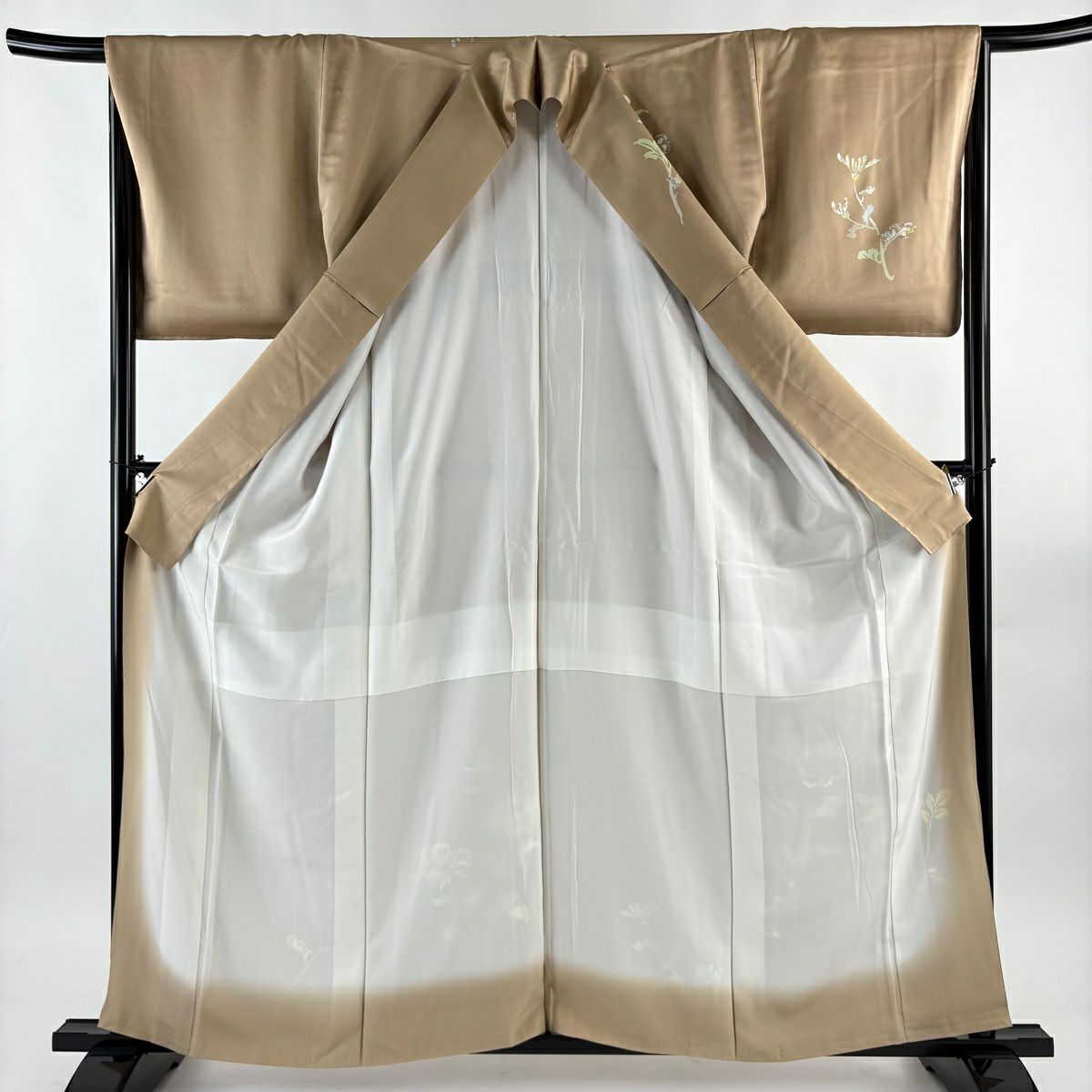 訪問服 身長159cm 袖長66cm M 雙層 草花紋紋 金銀彩 茶 純蠶絲 秀品級 一つ紋