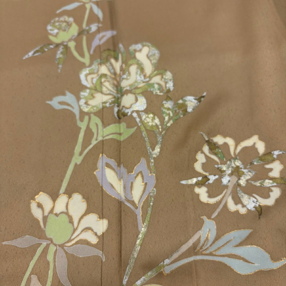 訪問服 身長159cm 袖長66cm M 雙層 草花紋紋 金銀彩 茶 純蠶絲 秀品級 一つ紋