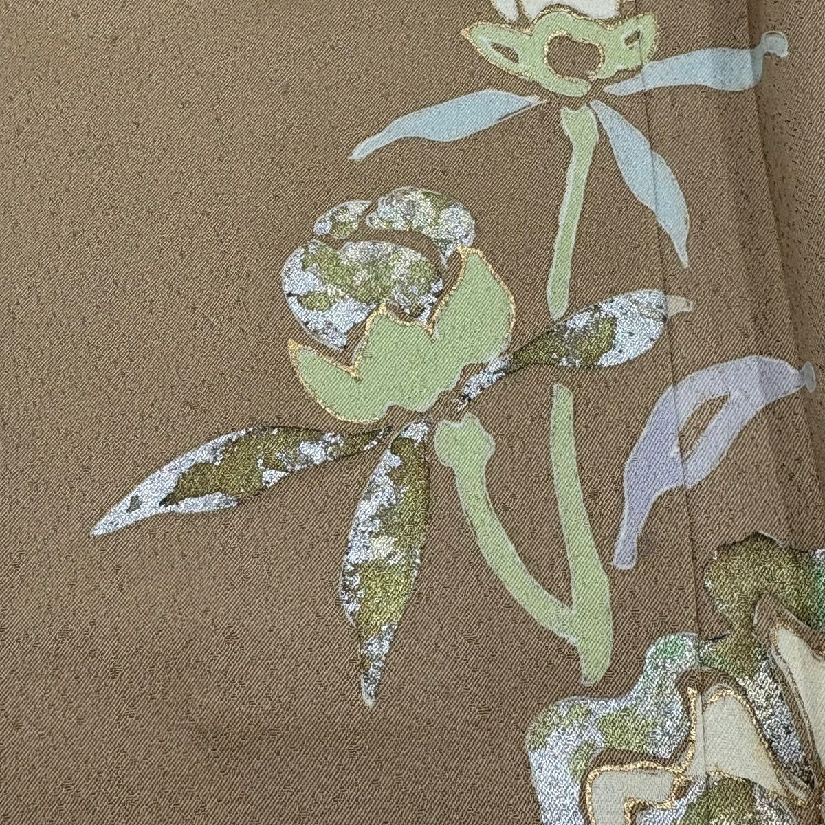 訪問服 身長159cm 袖長66cm M 雙層 草花紋紋 金銀彩 茶 純蠶絲 秀品級 一つ紋
