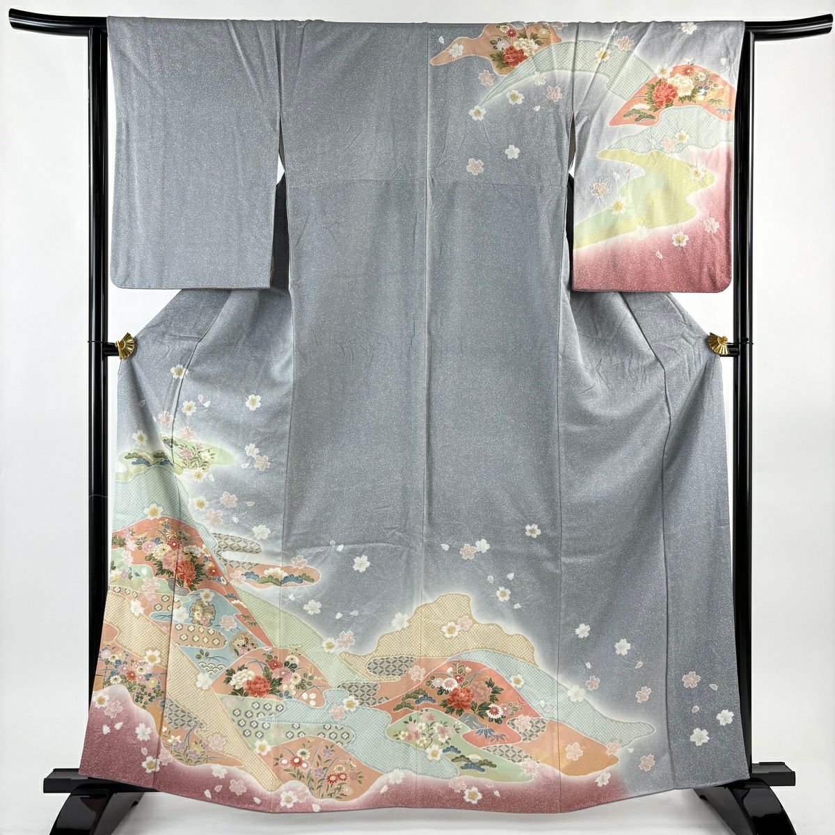 訪問服 身長163.5cm 袖長64cm M 雙層 草花紋紋 霞 金彩裝飾 漸層 灰色 純蠶絲 秀品級