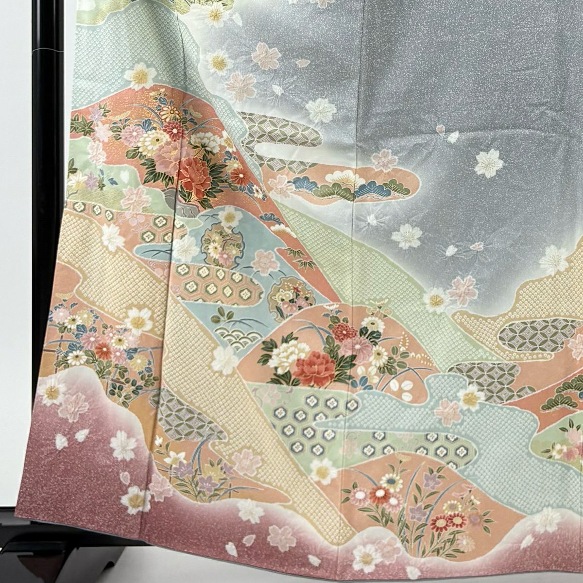 訪問服 身長163.5cm 袖長64cm M 雙層 草花紋紋 霞 金彩裝飾 漸層 灰色 純蠶絲 秀品級
