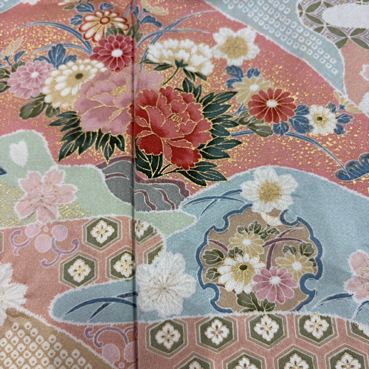 訪問服 身長163.5cm 袖長64cm M 雙層 草花紋紋 霞 金彩裝飾 漸層 灰色 純蠶絲 秀品級