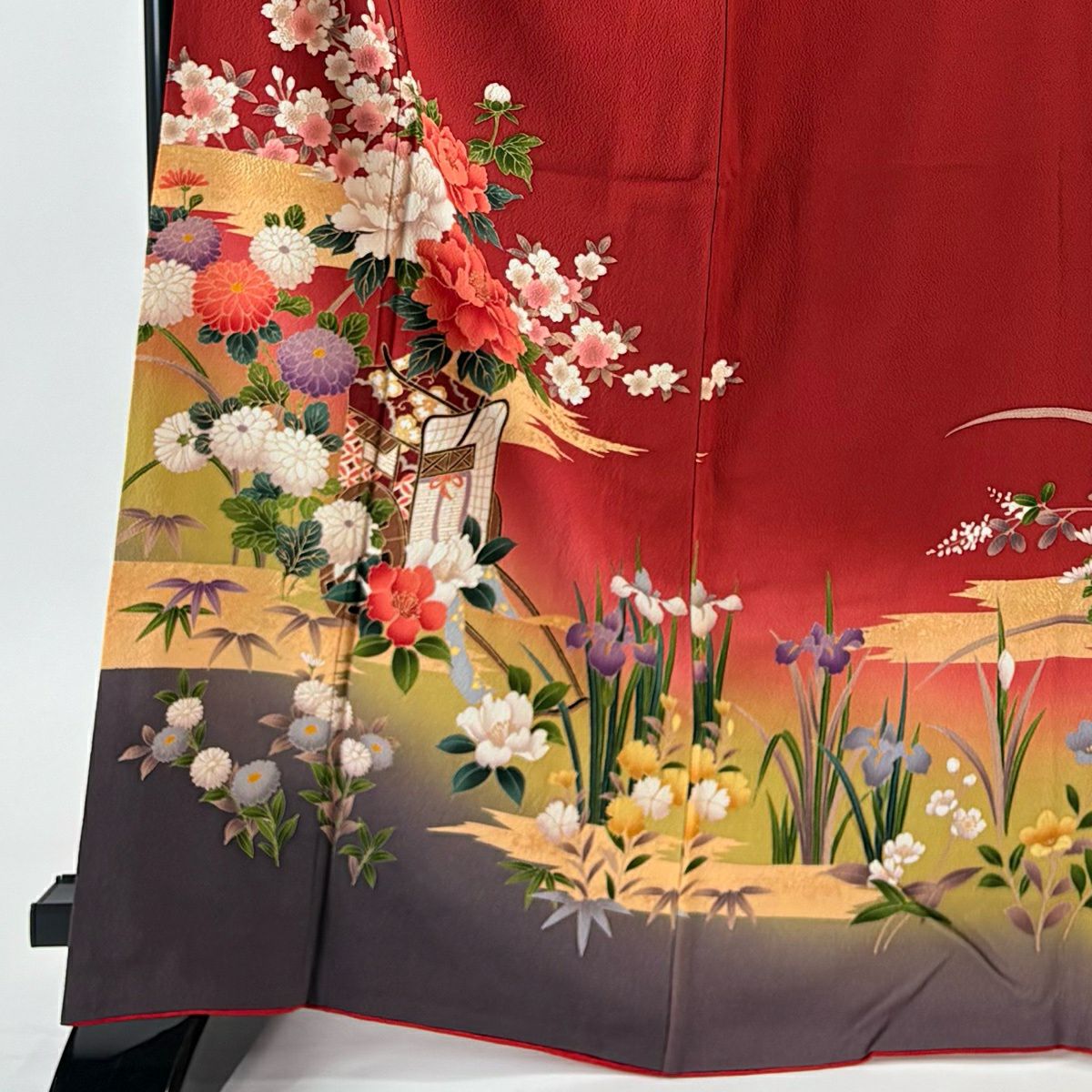 振袖禮服 身長166cm 袖長68cm L 雙層 鈴乃屋 御所車 草花紋 金彩裝飾 紅 純蠶絲 秀品級