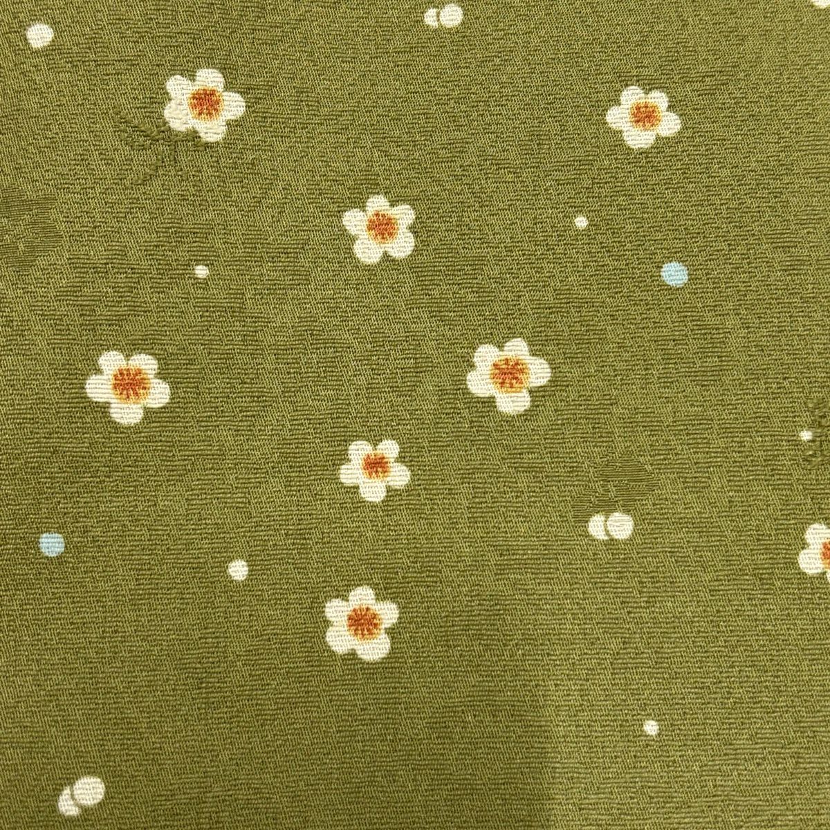 【美品】 小紋 身長162cm 袖長66.5cm M 雙層 地紋 花 茶綠 純蠶絲 秀品級