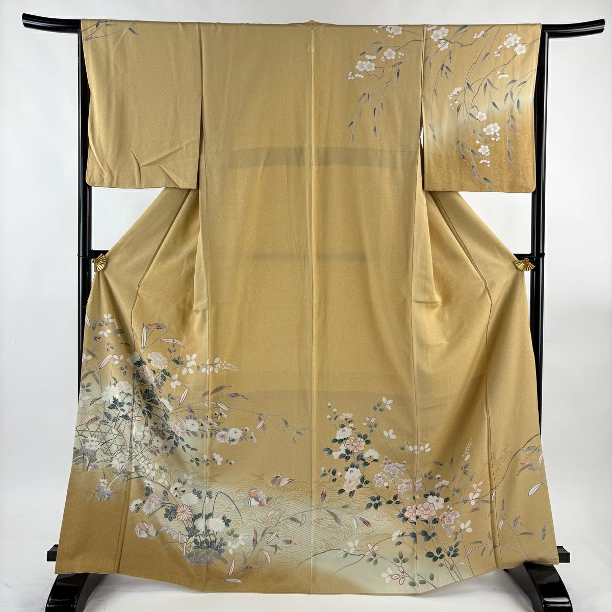 訪問服 身長167cm 袖長64cm M 雙層 草花紋紋 鴛鴦 金銀彩 漸層 淺茶 純蠶絲 優品級 一個紋
