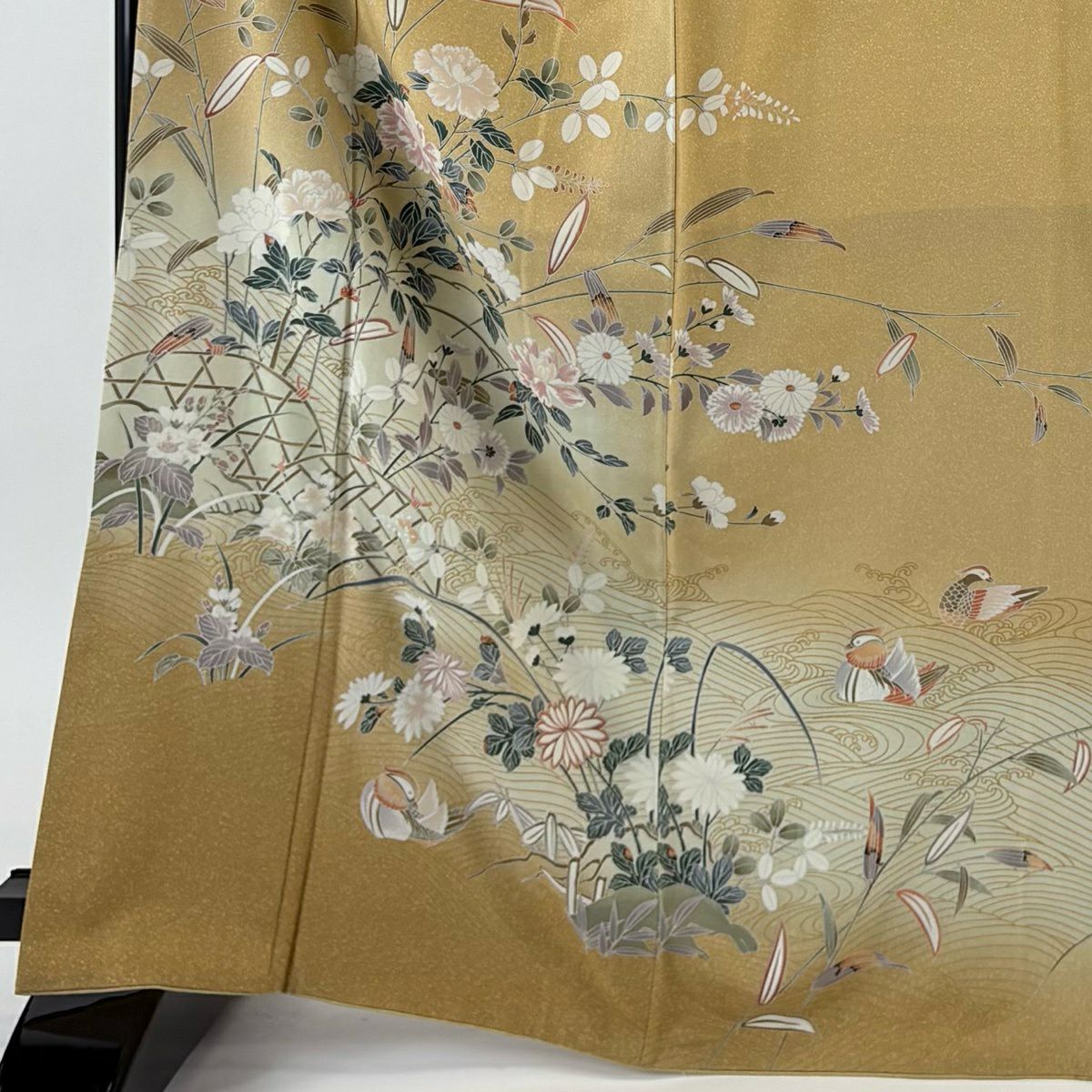 訪問服 身長167cm 袖長64cm M 雙層 草花紋紋 鴛鴦 金銀彩 漸層 淺茶 純蠶絲 優品級 一個紋
