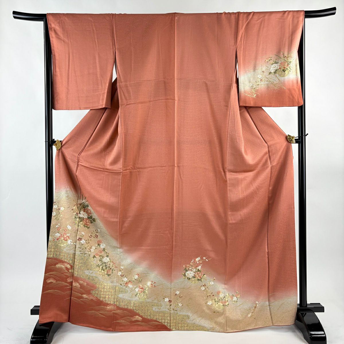 付下 身長168.5cm 袖長66cm M 雙層 花籠 波 金銀彩 漸層 鮭粉色 純蠶絲 優品級