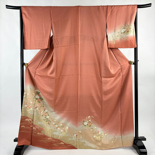 付下 身長168.5cm 袖長66cm M 雙層 花籠 波 金銀彩 漸層 鮭粉色 純蠶絲 優品級