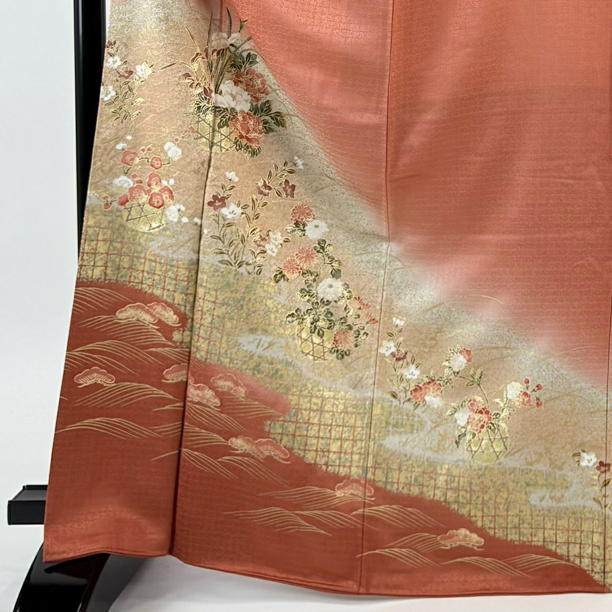 付下 身長168.5cm 袖長66cm M 雙層 花籠 波 金銀彩 漸層 鮭粉色 純蠶絲 優品級