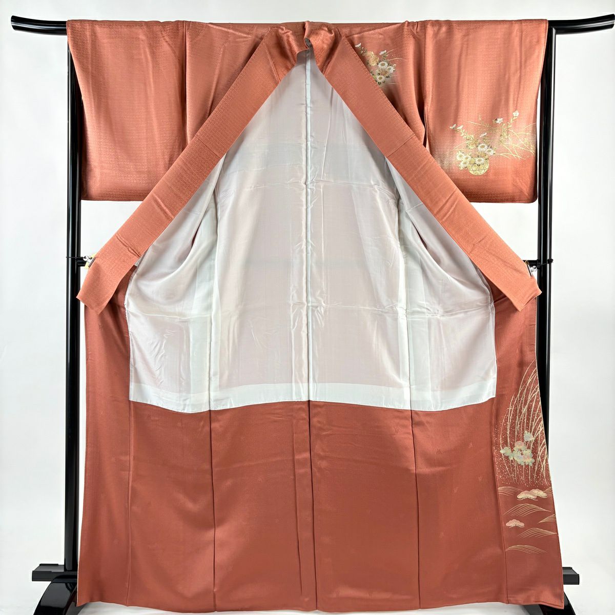 付下 身長168.5cm 袖長66cm M 雙層 花籠 波 金銀彩 漸層 鮭粉色 純蠶絲 優品級