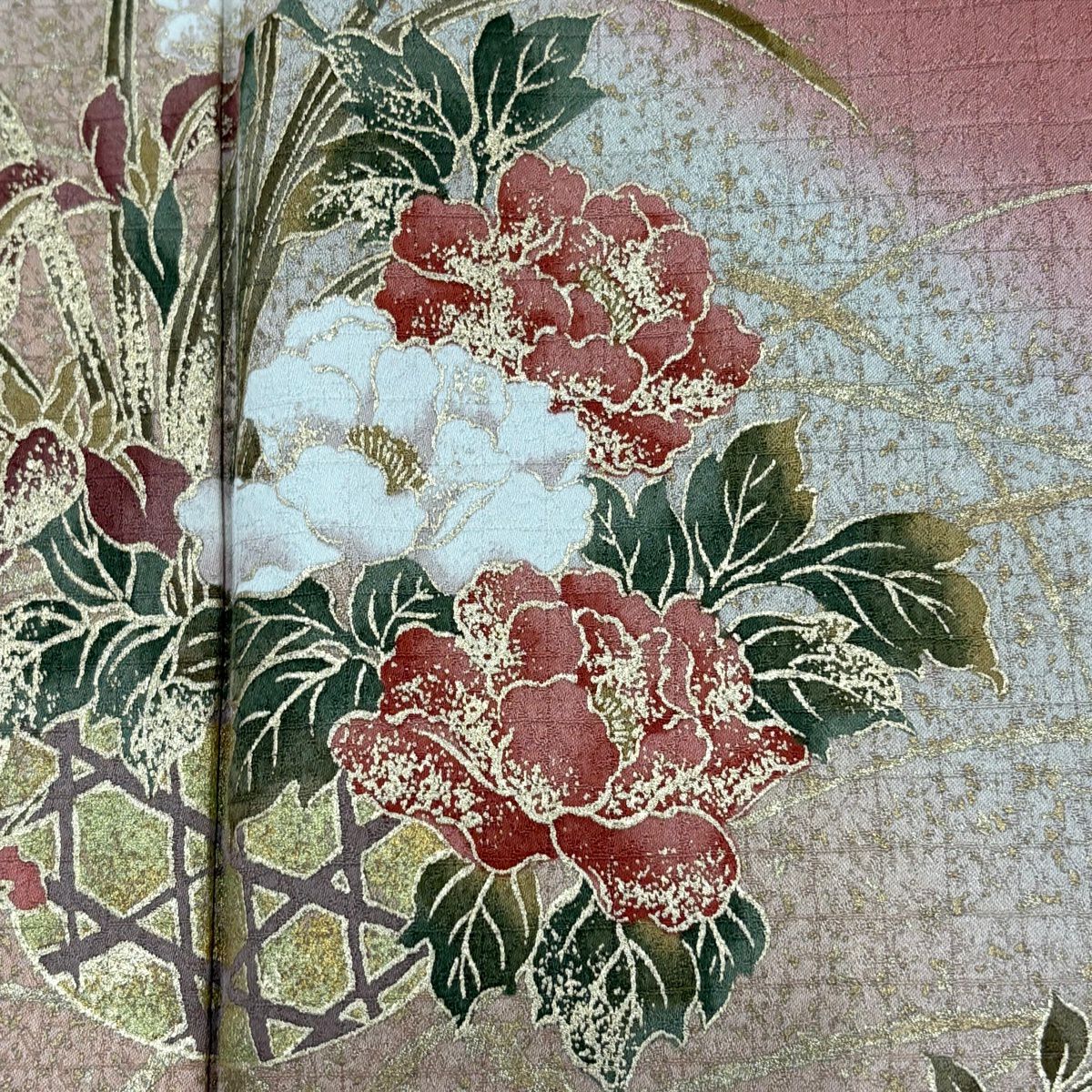 付下 身長168.5cm 袖長66cm M 雙層 花籠 波 金銀彩 漸層 鮭粉色 純蠶絲 優品級