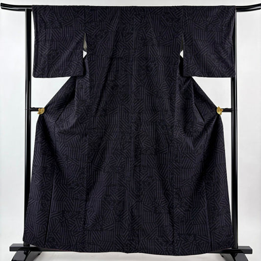 【美品】 結城紬織 身長162cm 袖長64cm M 雙層 本場結城紬織 證書附帶 龜甲絣 幾何學圖案 紫 純蠶絲 逸品級