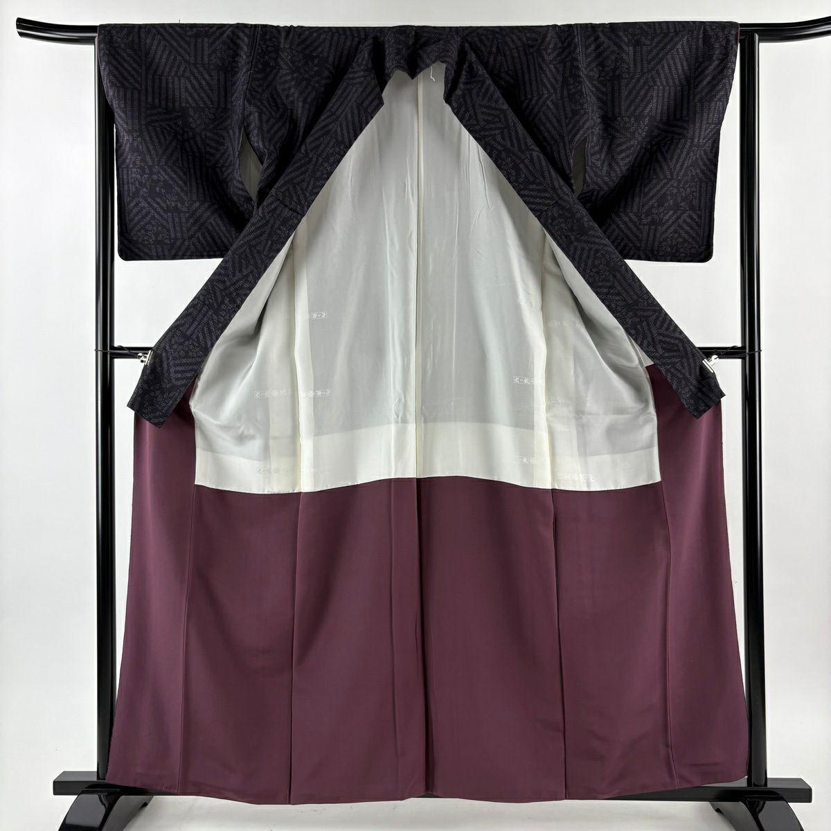 【美品】 結城紬織 身長162cm 袖長64cm M 雙層 本場結城紬織 證書附帶 龜甲絣 幾何學圖案 紫 純蠶絲 逸品級