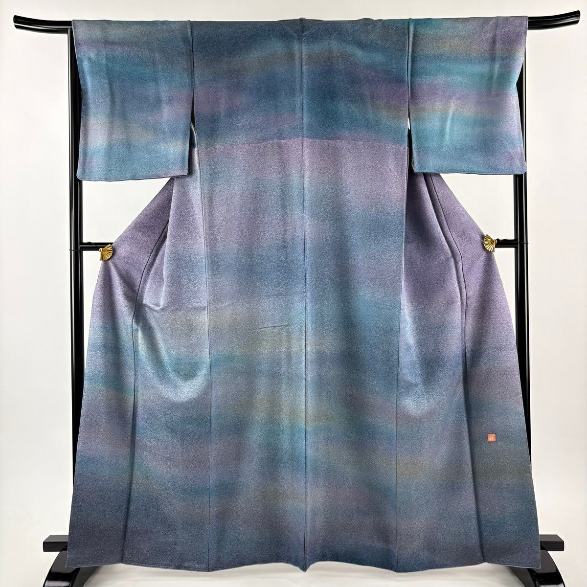 【美品】訪問服 身長164cm 袖長66.5cm M 雙層 初代 久保田一竹子 落款あり 霞 金通し 漸變 青灰色 純蠶絲 逸品級