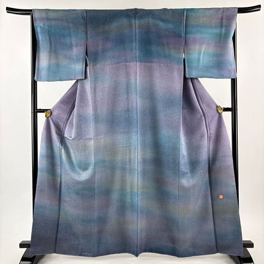 【美品】訪問服 身長164cm 袖長66.5cm M 雙層 初代 久保田一竹子 落款あり 霞 金通し 漸變 青灰色 純蠶絲 逸品級