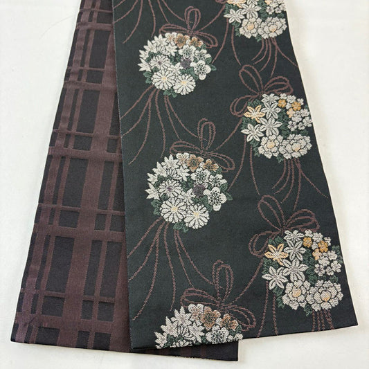【美品】半幅帶 優品級 藥玉 菊花 墨色 化纖